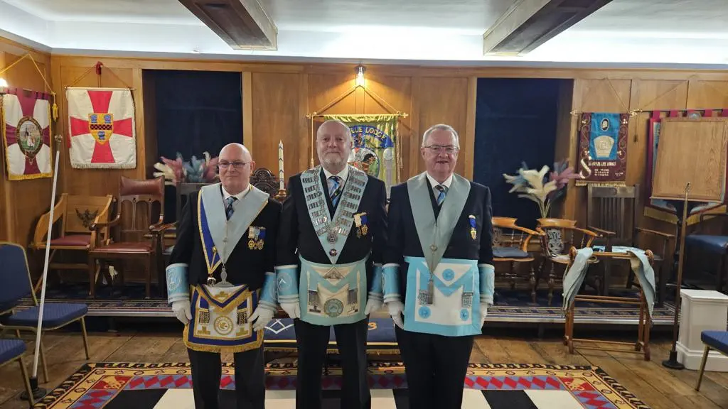 W.Bro. Mark Colittzi with his Senior Warden W. Bro. Forbes Woodland PProvJGD and Junior Warden Bro. David Munro on his installation at our November meeting.